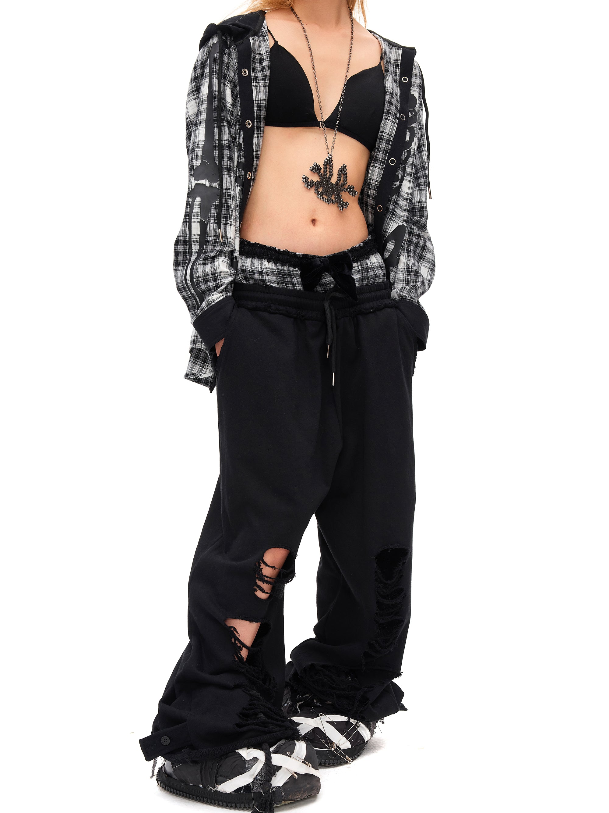 RIPPED DOUBLE WAIST SWEATPANTS