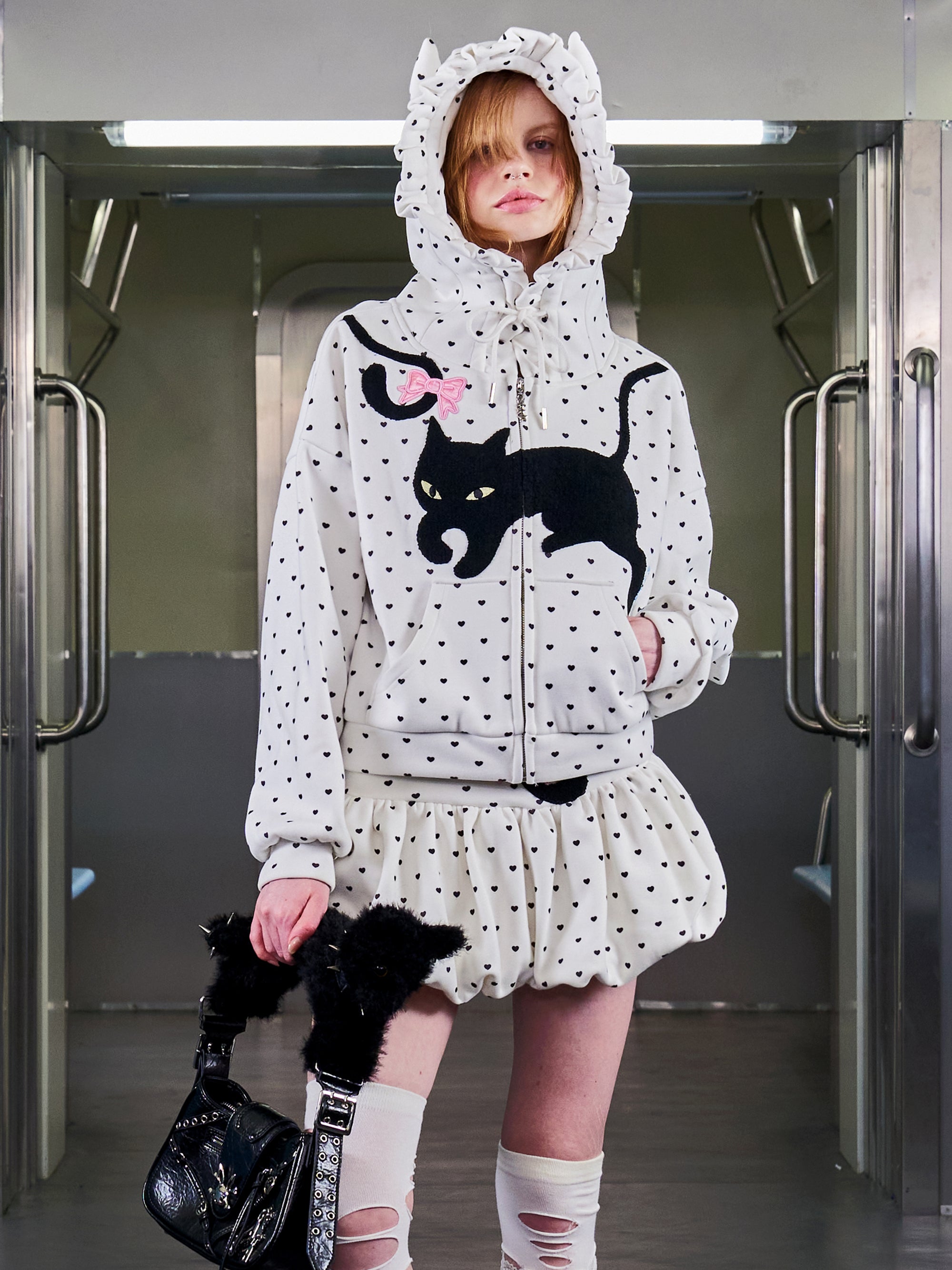 CAT POLKA DOT ZIPUP HOODIE