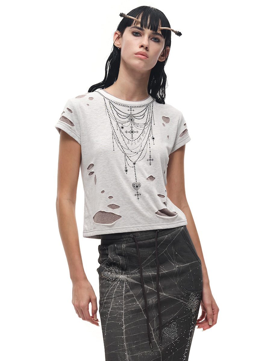 RHINESTONE NECKLACE RIPPED T-SHIRT