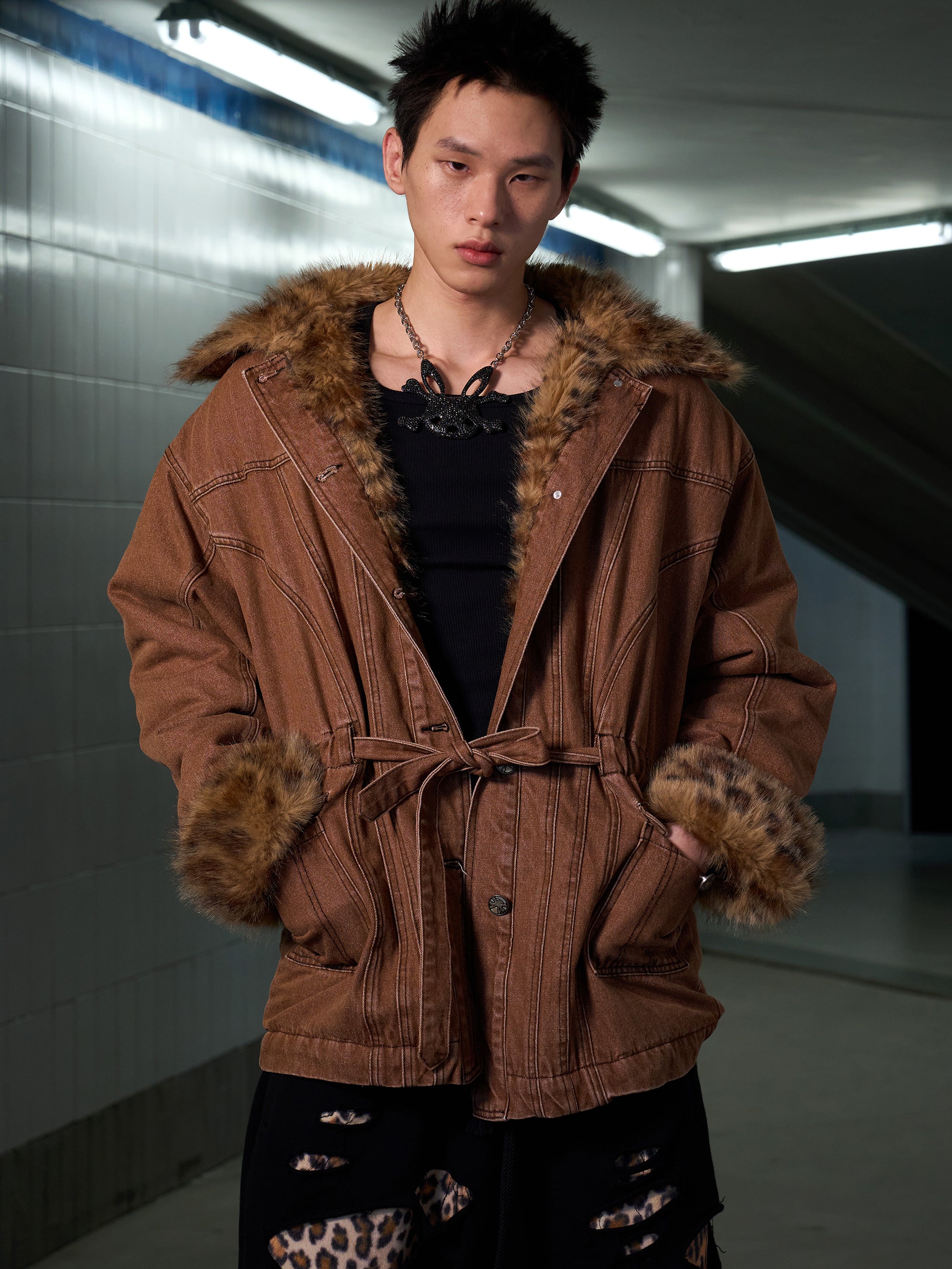 LEOPARD-FUR DENIM JACKET