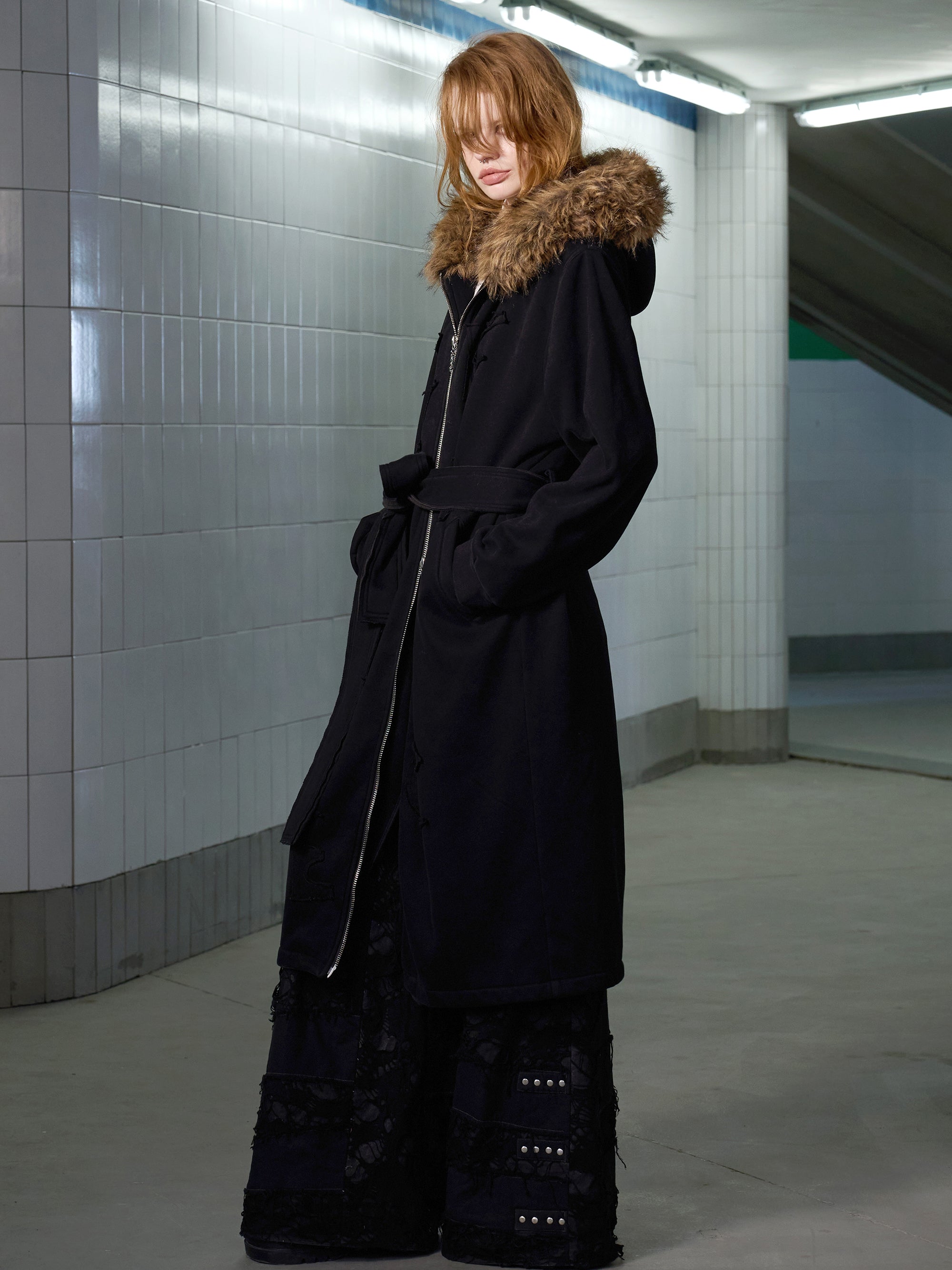 LETTER-PATCH LONG HOODIE COAT WITH FUR COLLAR