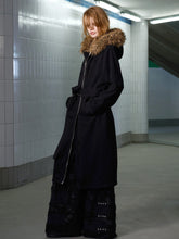 Load image into Gallery viewer, LETTER-PATCH LONG HOODIE COAT WITH FUR COLLAR
