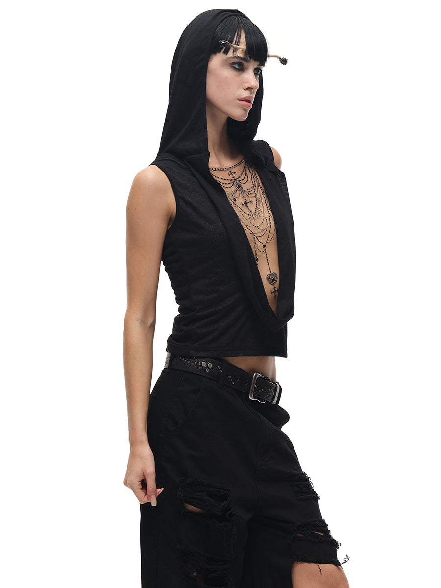 RHINESTONE NECKLACE HOODED TOP