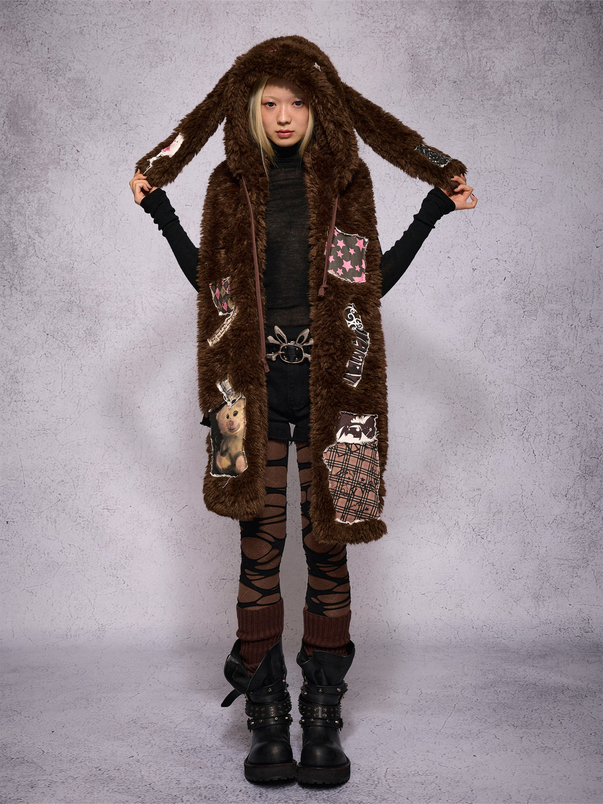 BUNNY DOLL PATCH HOODED SCARF