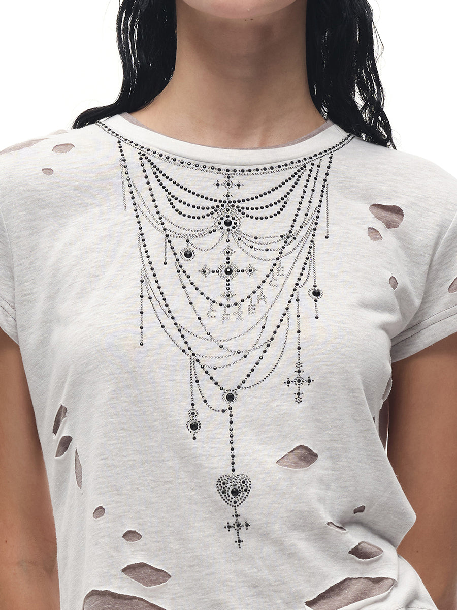 RHINESTONE NECKLACE RIPPED T-SHIRT