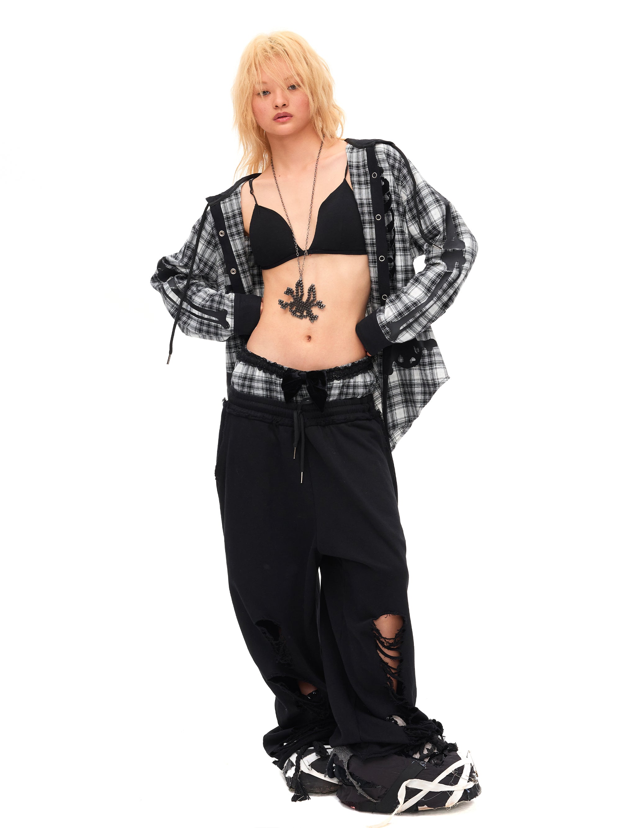 RIPPED DOUBLE WAIST SWEATPANTS