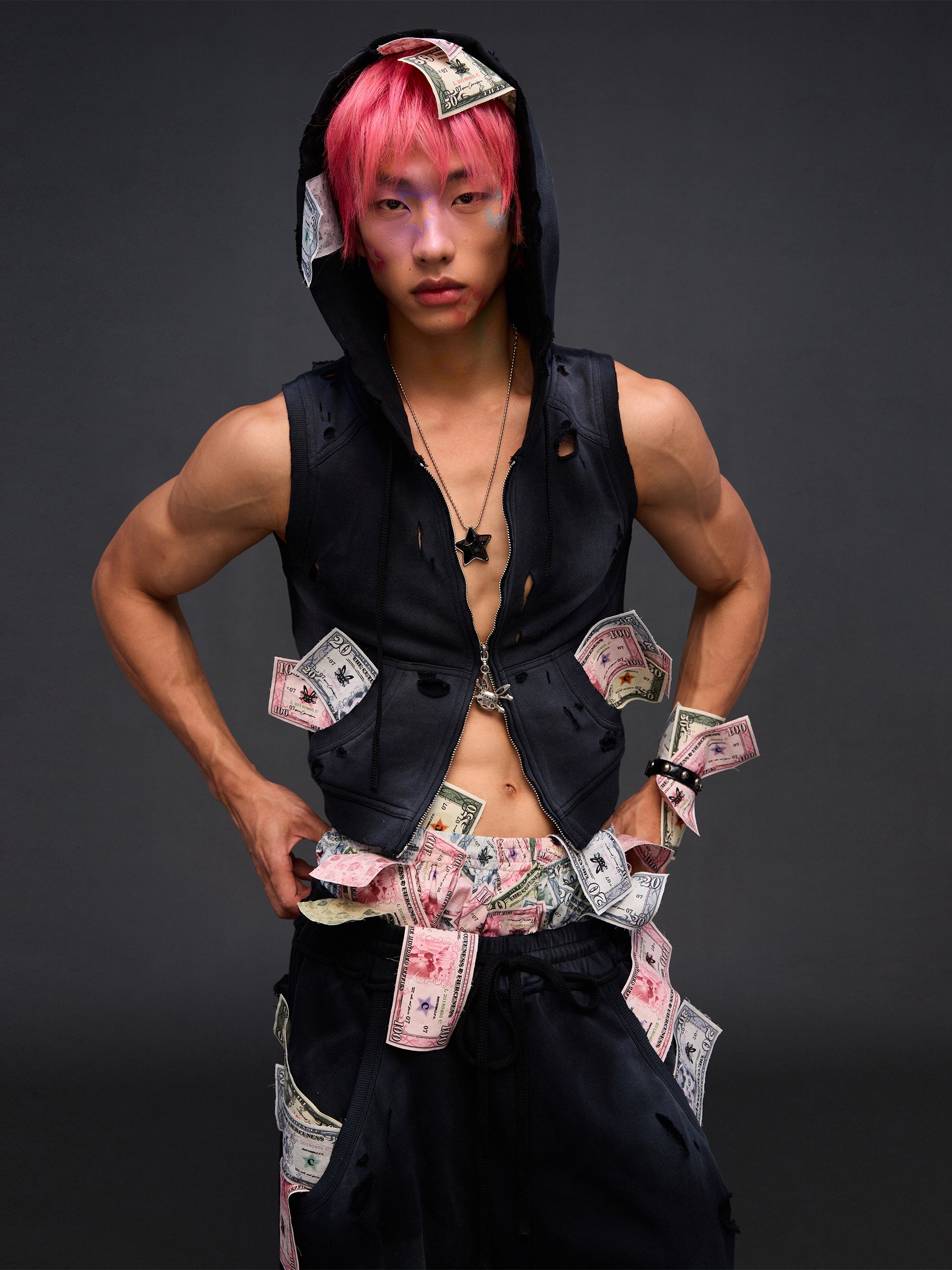 CASH RIPPED SLEEVELESS ZIPUP HOODIE