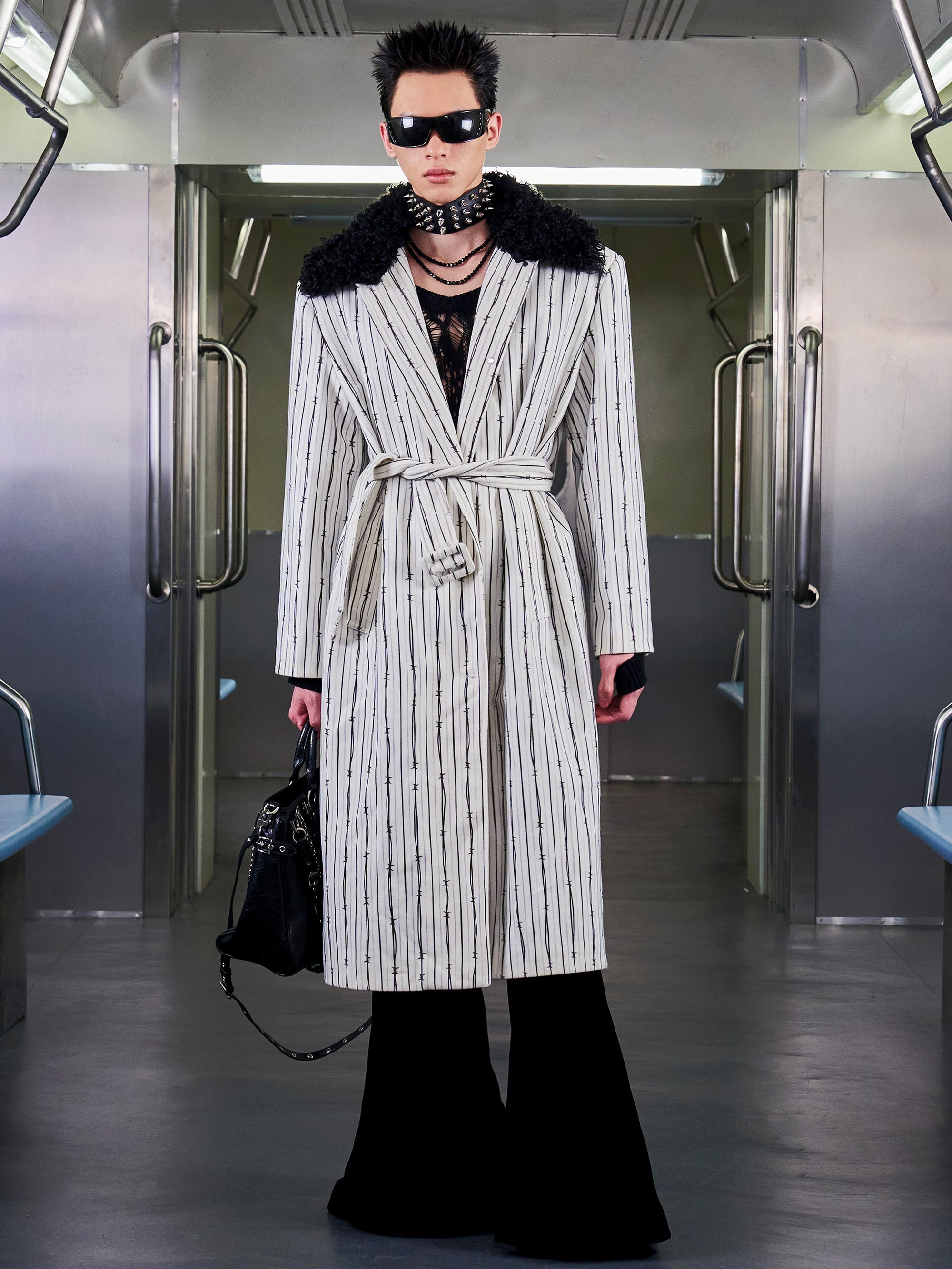 THORN-STRIPED PATCH-FUR COLLAR COAT