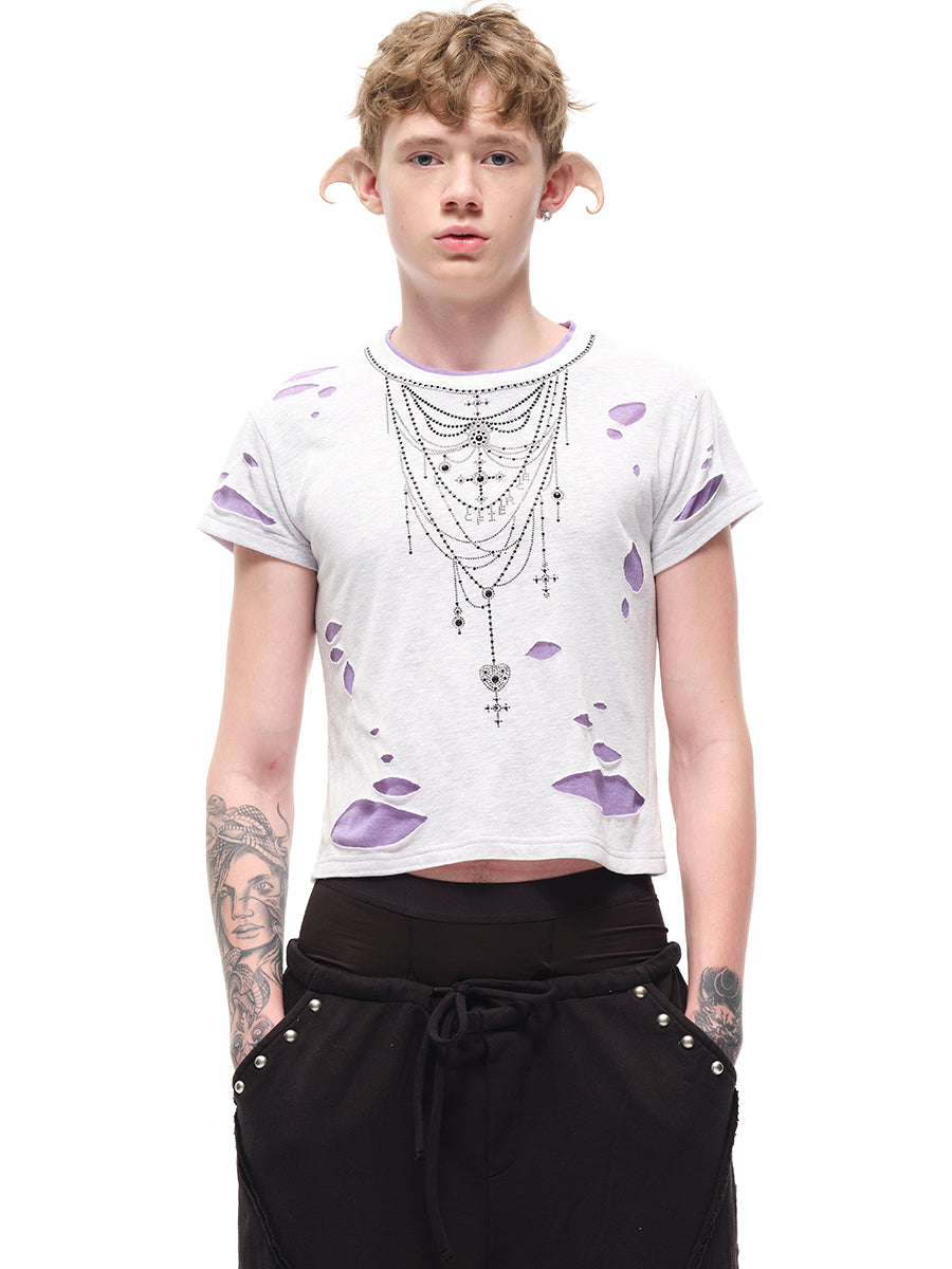 RHINESTONE NECKLACE RIPPED T-SHIRT