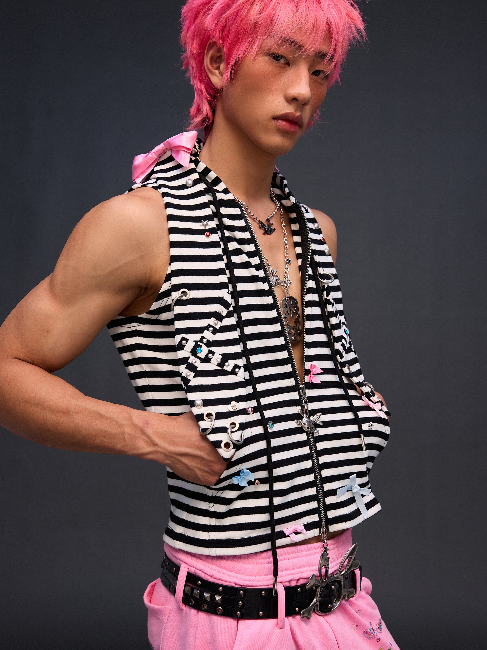 STRIPED BUNNY ZIP-UP HOODIE VEST