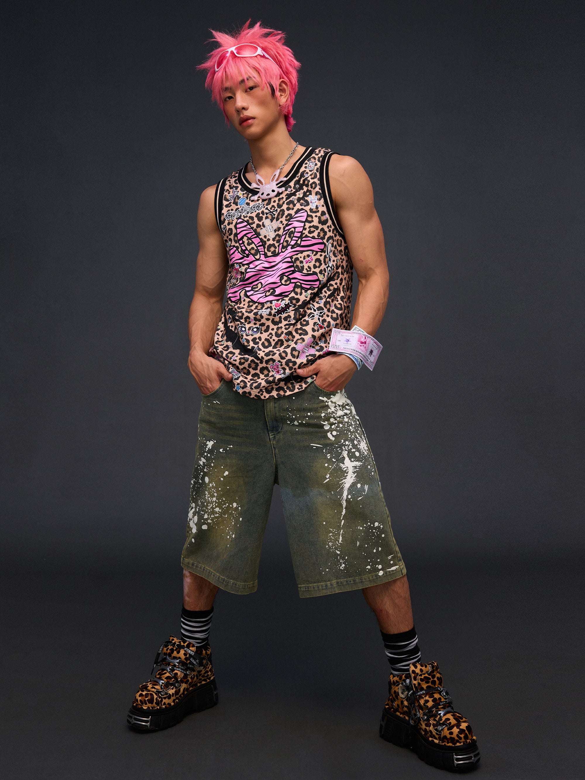 LEOPARD TANK TOP WITH STICKER PRINTS