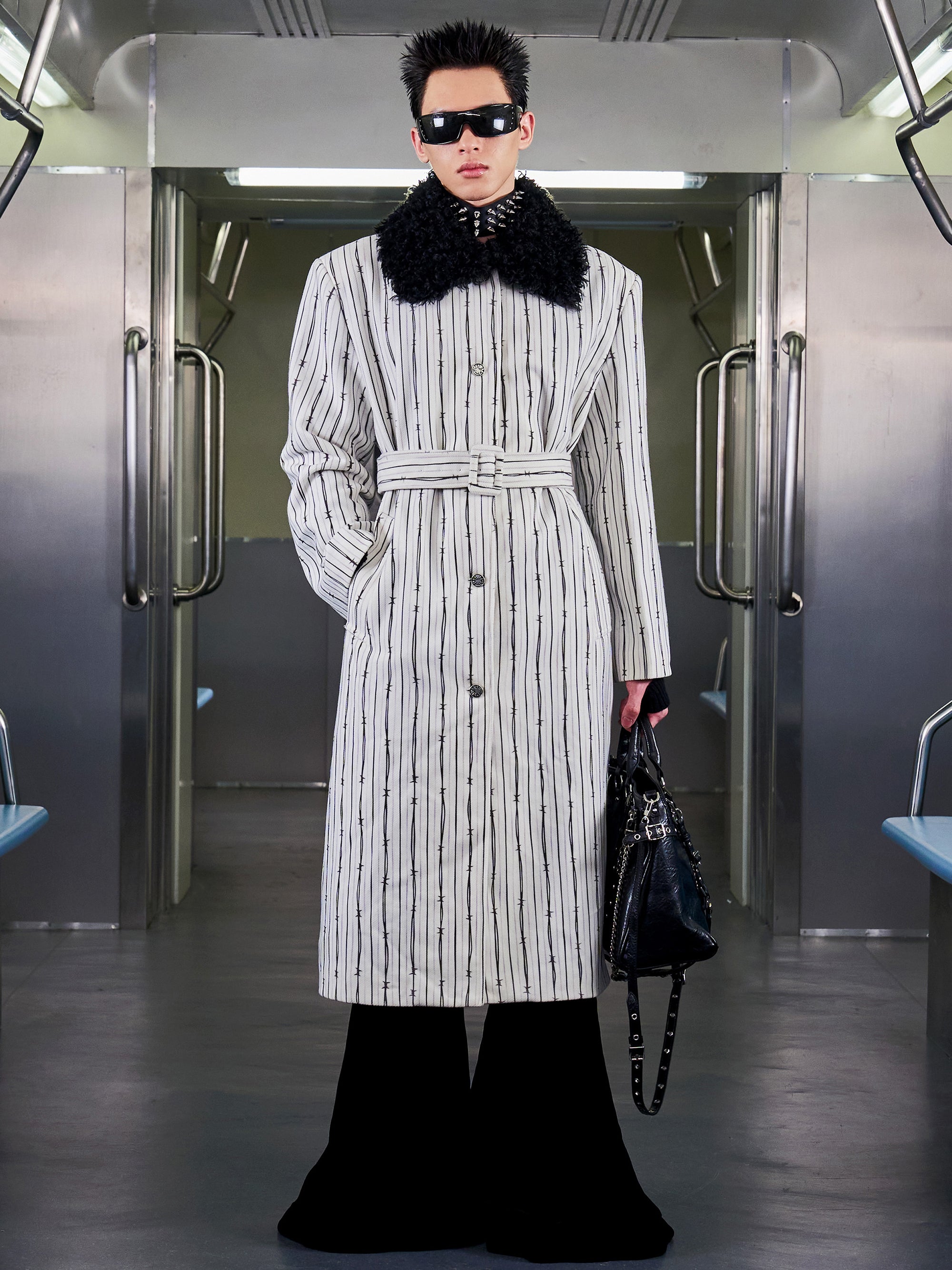 THORN-STRIPED PATCH-FUR COLLAR COAT