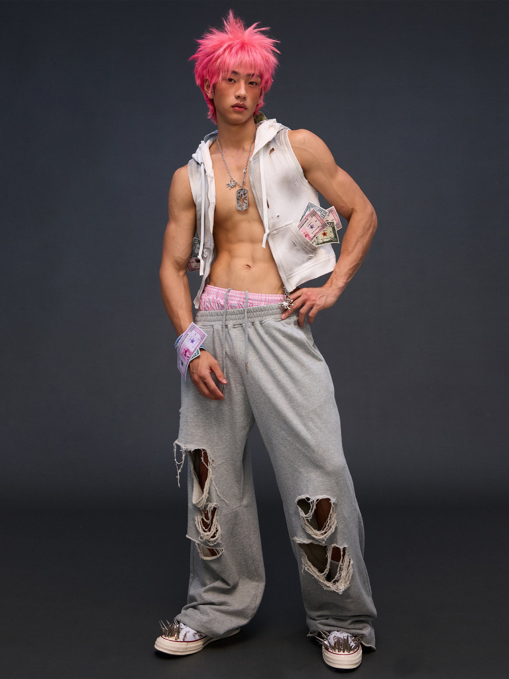 CASH RIPPED SLEEVELESS ZIPUP HOODIE