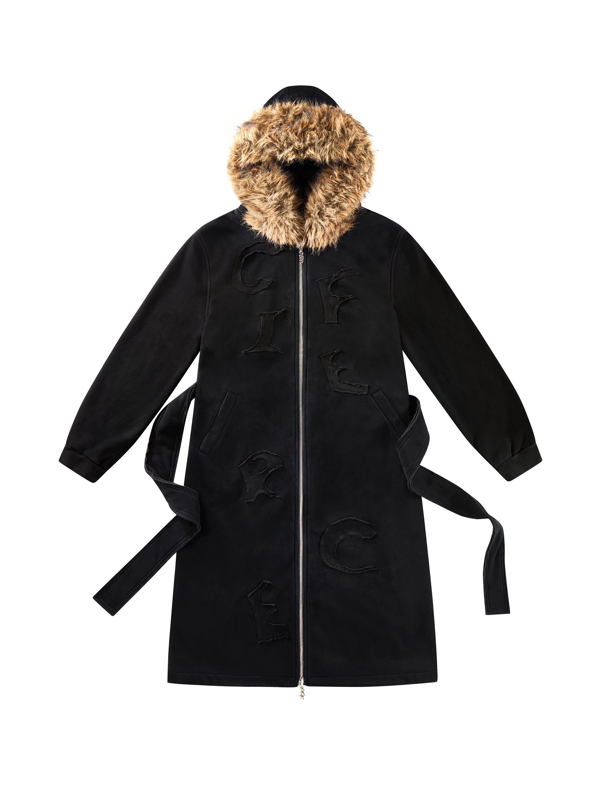 LETTER-PATCH LONG HOODIE COAT WITH FUR COLLAR