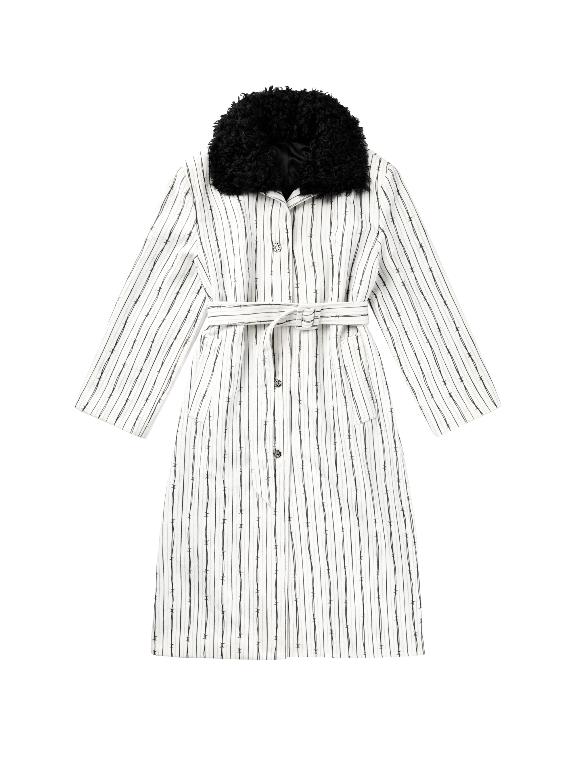 THORN-STRIPED PATCH-FUR COLLAR COAT