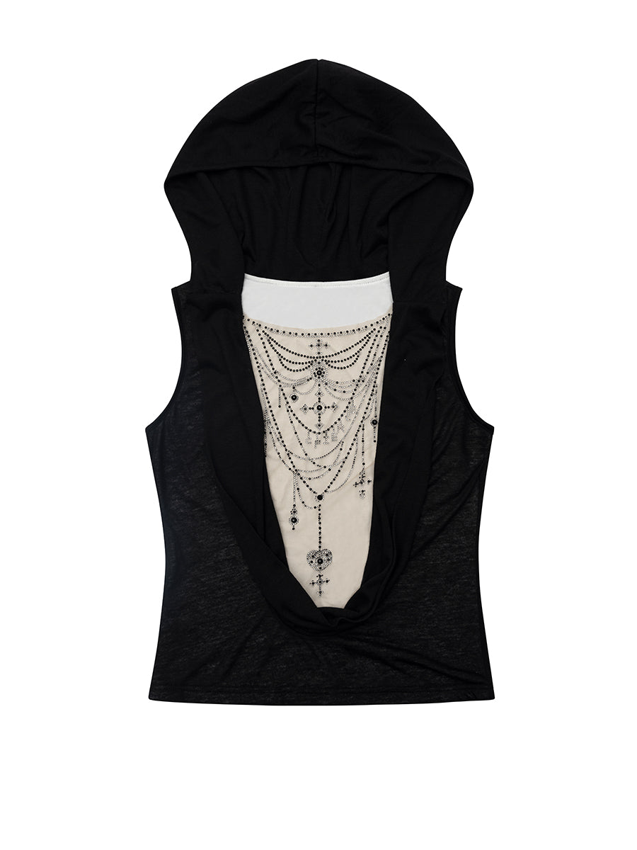 RHINESTONE NECKLACE HOODED TOP