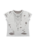 RHINESTONE NECKLACE RIPPED T-SHIRT