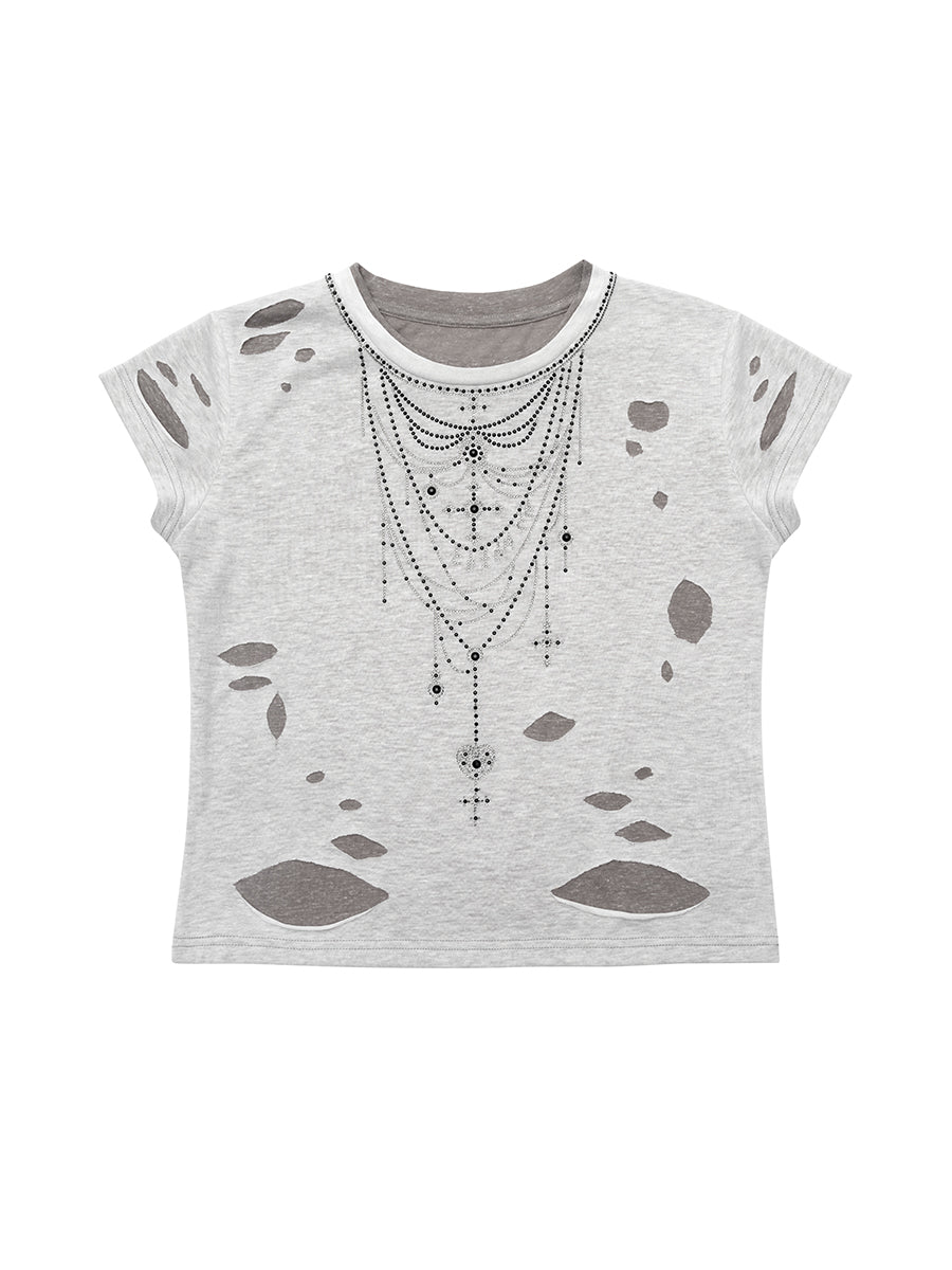 RHINESTONE NECKLACE RIPPED T-SHIRT