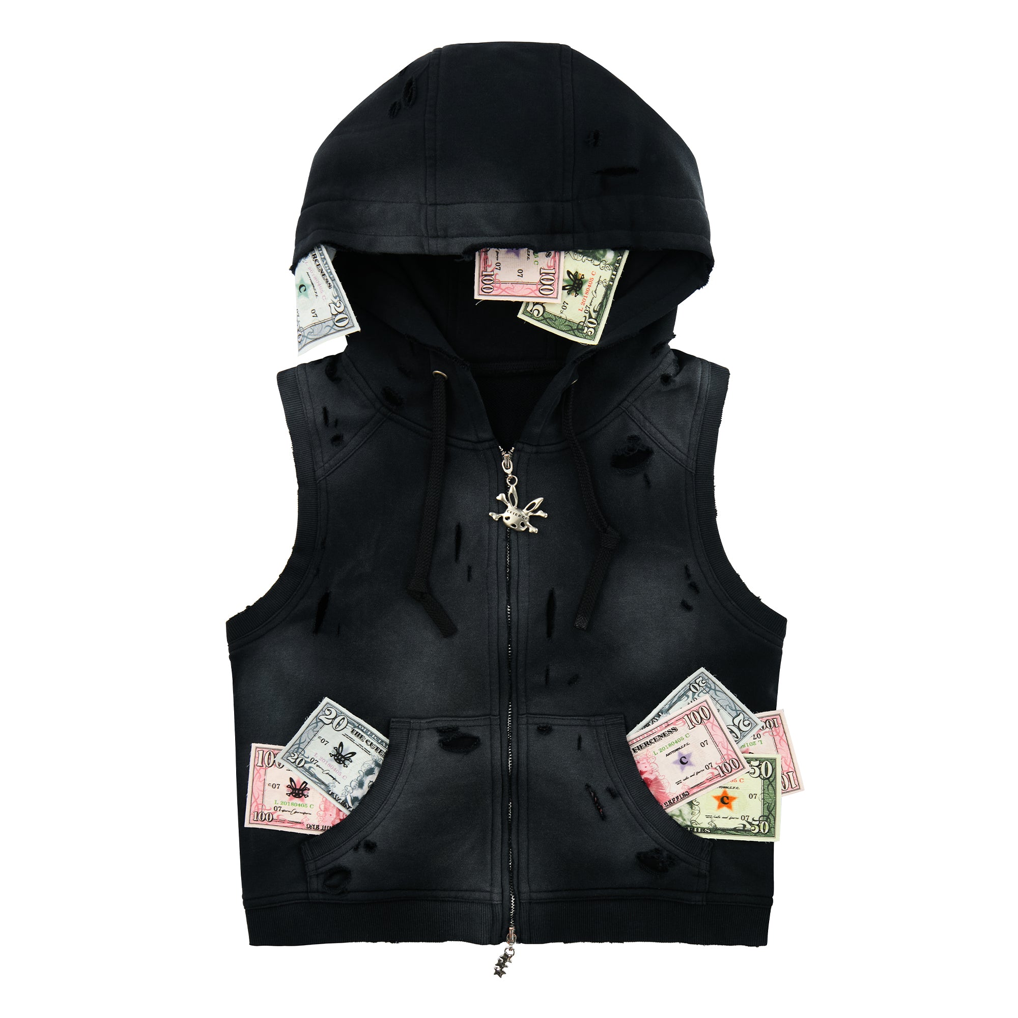 CASH RIPPED SLEEVELESS ZIPUP HOODIE