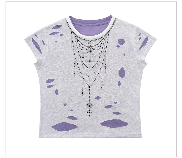 RHINESTONE NECKLACE RIPPED T-SHIRT
