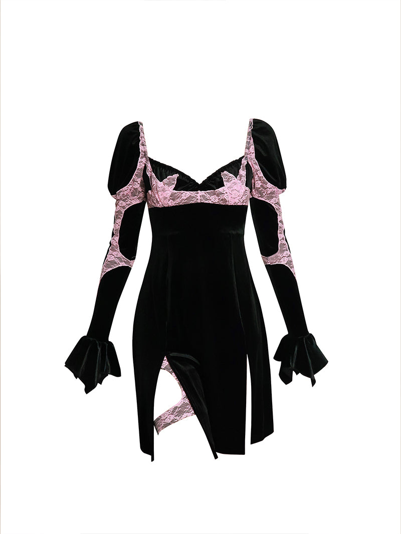 BLACK VELVET DRESS WITH LACE